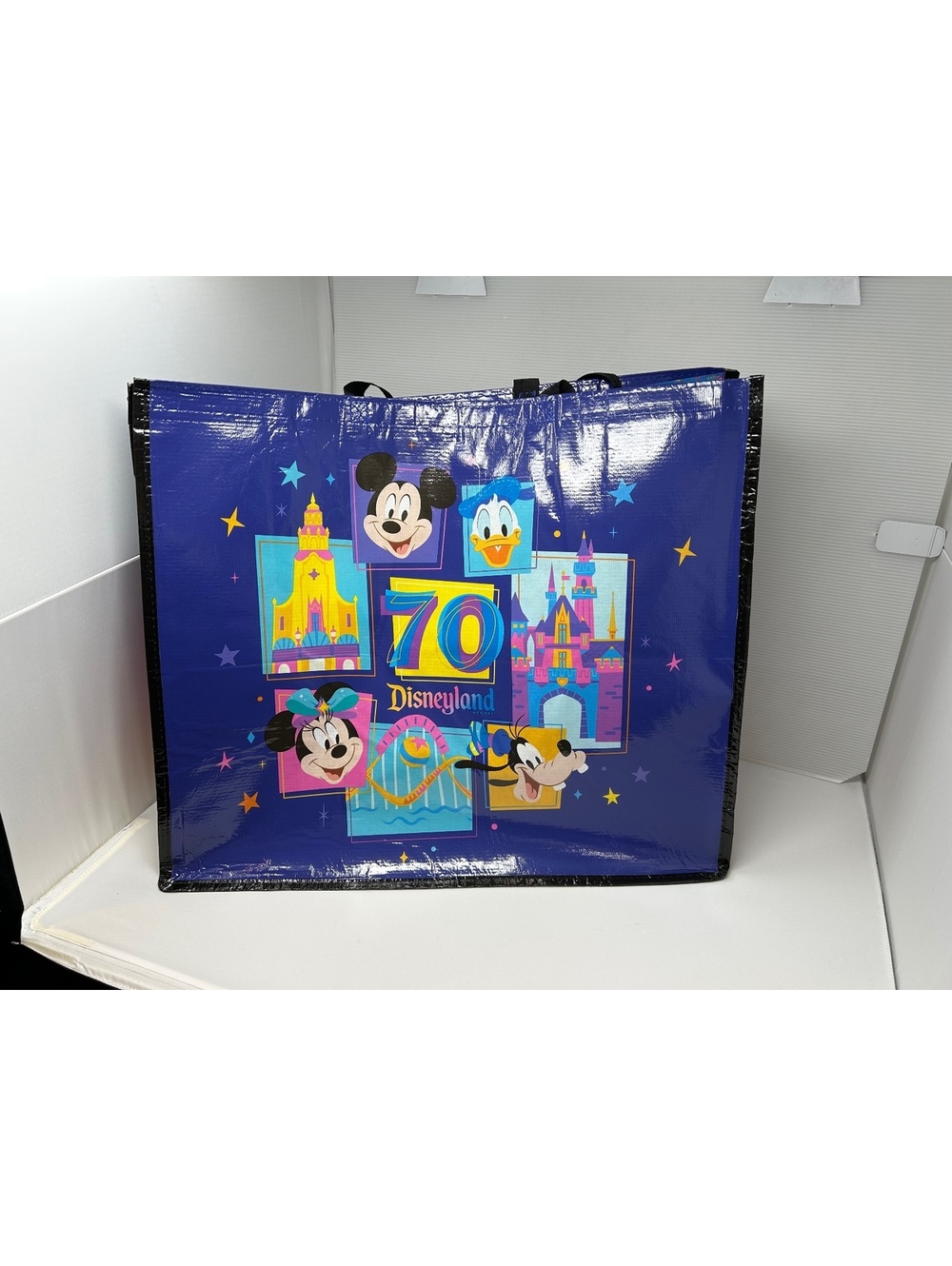 Disneyland 70th Anniversary Blue Reusable Bag Large Mickey Minnie Goofy Donald
